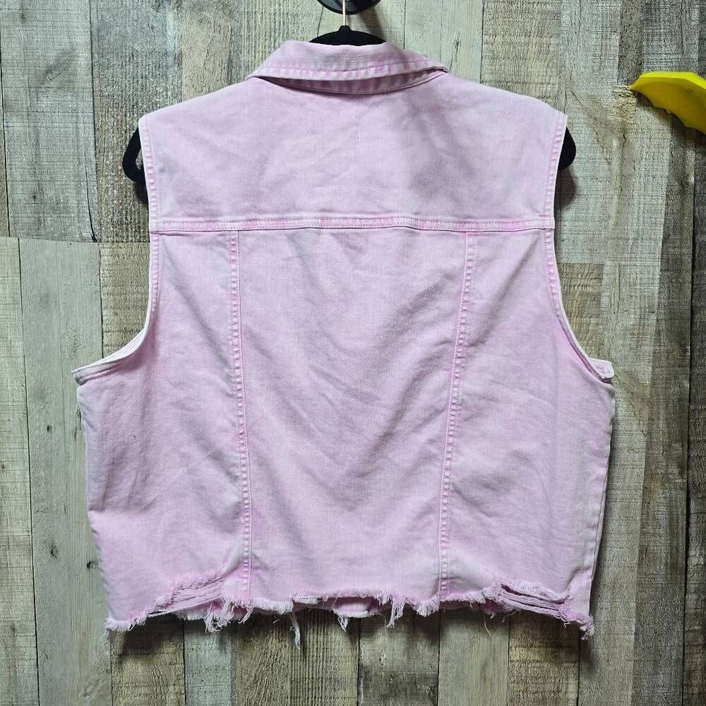 Risen Pink Distressed Denim Jean Vest Plus Size 1x Moto Girly Barbiecore - Picture 3 of 6